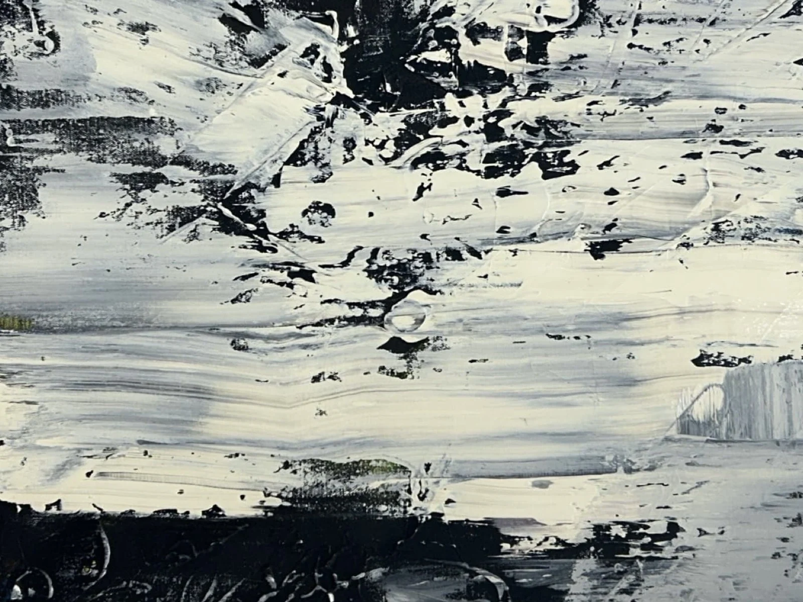 Close detail of Black & White: thick white and grey paint dragged with a palette knife, broken by black.