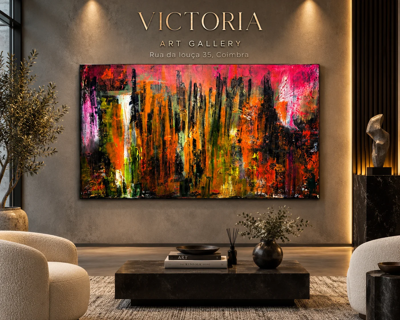 A large red and orange painting by Victoria Contreras hanging beneath the gallery’s name.